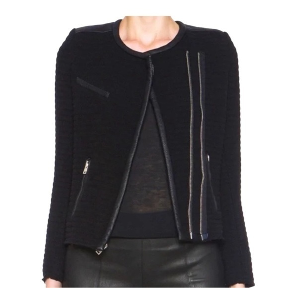 IRO Black Fleece Boucle Maiden Raw Hem Quilted Leather Detail Jacket - Picture 1 of 12